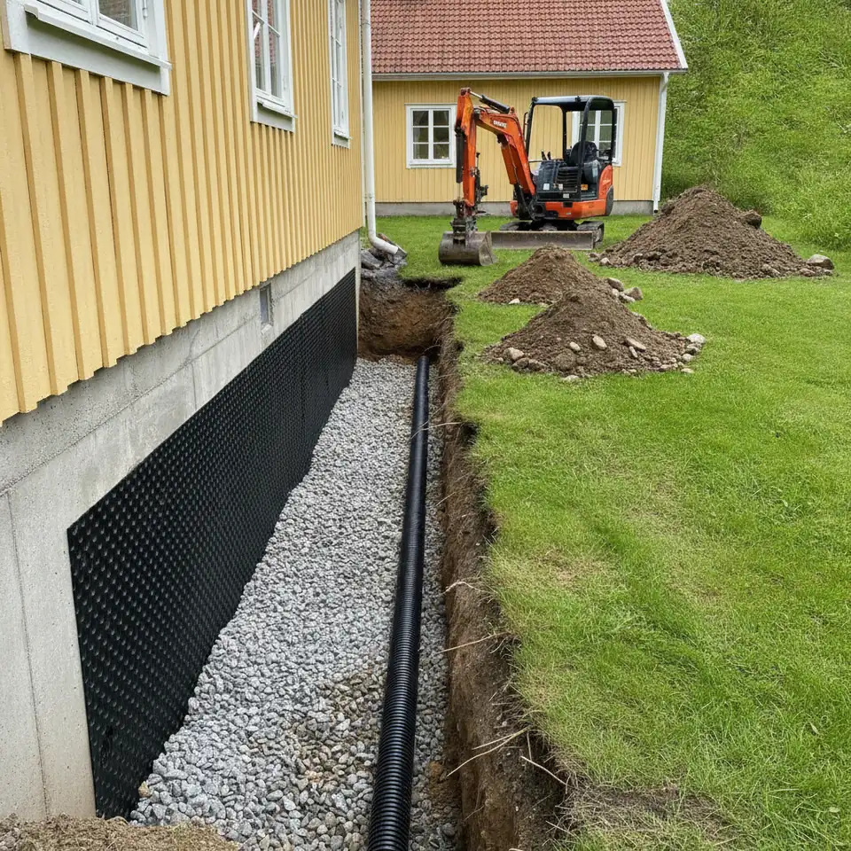 Uppgrävt dike längs husgrunden med nytt dräneringsrör på makadam och en minigrävare på gräsmattan